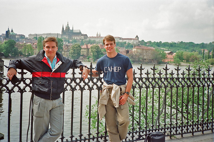 Mullen with college friend Tom Costello (now a top NBC news honcho) in Prague, Czechoslovakia during their month-long 1987 trip through communist Eastern Europe.