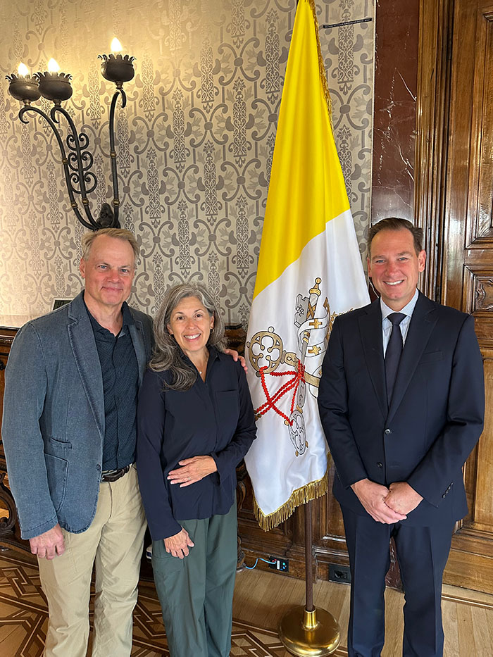 Mullen and his bride Ester visiting the United States Ambassador to the Vatican Brian Burch in his U.S. Embassy offices in Rome.