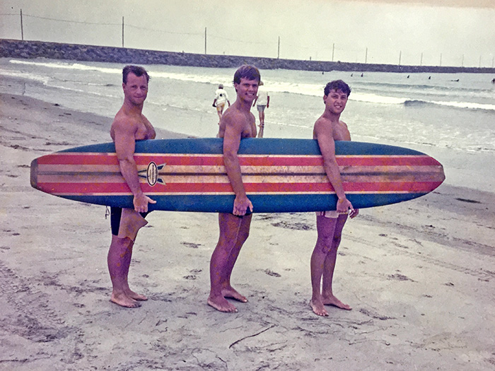 Mullen (middle) surfing South Mission Beach, San Diego in 1985.